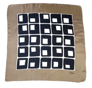 Vintage 1980s Echo Black Square Grid Geometric Silk Scarf Taupe Border 27 x 26 - Picture 1 of 8