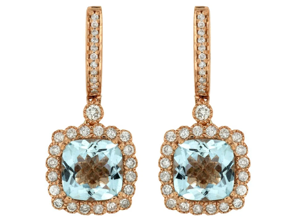 Pendientes de oro rosa de 14k con detalles de aguamarina y diamantes talla cojín, 4,8 g Foto 1 de 1