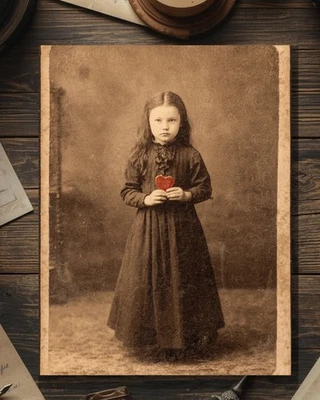 Vintage Victorian Mourning Girl Holding Red Heart Valentine Card Gothic Macabre - Image 1 of 3
