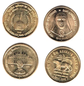 2008-15 - 5 RUPEE INDIA REPUBLIC 4 UNC BRASS RARE COINS - WT. 6 GRAM EACH # H - Picture 1 of 2