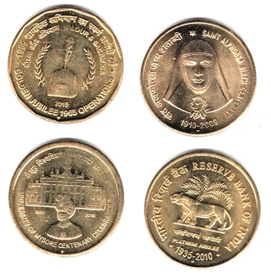 2008-15 - 5 RUPEE INDIA REPUBLIC 4 UNC BRASS RARE COINS - WT. 6 GRAM EACH # H - Image 1 of 2