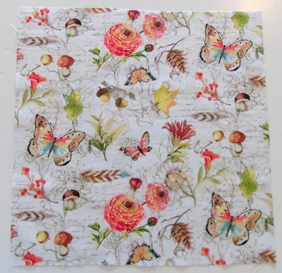 Fabric Cotton Pic A-Butterfly Mushroom Flower Acorn Beige  12 5/8" L x 12 5/8" W - Image 1 of 2