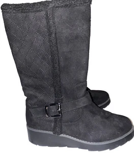 Women's Pull On Mid Length Black Faux Suede Boots Faux Fur Lining Size 6.5 - Picture 1 of 6