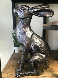 Large Sitting Alert Hare Rabbit Ornament Figure Bronze Colour Sculpture Decor