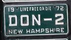 1972 NEW HAMPSHIRE VANITY LICENSE PLATE TAG     DON-2