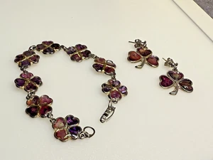 Vintage Jewellery Set Bracelet and Earrings Paua Abalone Mexico Clover Stud - Picture 1 of 10