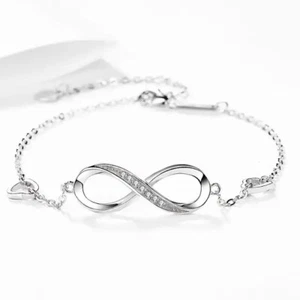 Women Infinity Bracelet Real 925 Silver Ladies Bracelet Elegant Zircon Heart - Picture 1 of 6