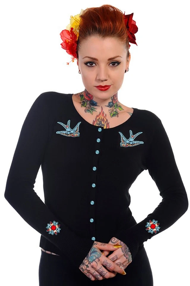 Banned Retro Strickjacke Hybrid Schwalben Cardigan Schwarz Bestickt Rockabilly