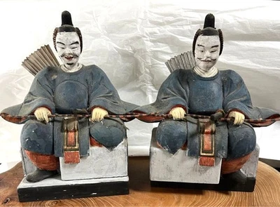 SAMURAI Doll 19Th Century Antique Japanese Wooden Statue Pair Figurine 10.2 inch - Image 1 of 4