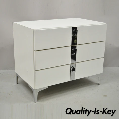 Contemporary Modern White Formica Chrome Trim 3 Drawer Chest Nightstand Table Cover