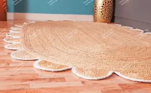 Hand Braided Oval Scalloped Jute Rug With White Scallop Border For Home Decor - Picture 1 of 6