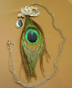 PEACOCK DANGLE BLUE CRYSTAL, PEACOCK FEATHER 26" LENTH PENDANT NECKLACE!!!! - Picture 1 of 6