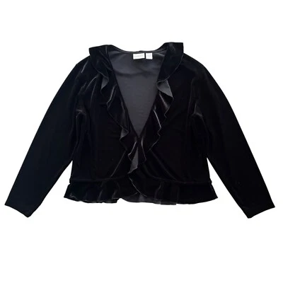 Chico’s 女式 3 XL/16 黑色基本天鹅绒 Supai 开放式荷叶边长袖开衫 — 第 1/4 张图片