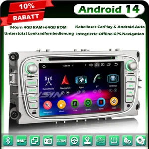 64GB Android 14 Autoradio GPS DVD für Ford Mondeo Focus S/C-Max Galaxy DAB+ Wifi - Bild 1 von 24