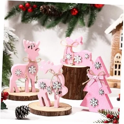  4 piezas decoraciones de mesa de renos de Navidad 3 renos 1 árbol de Navidad rosa Foto 1 de 4