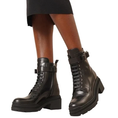 Salvatore Ferragamo Vara bow Lace Up Leather Combat Boots Black Women Size 9.5 - Image 1 of 4