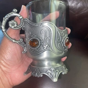 Vintage wunderschön ~ Podstakannik für Heißgetränke Metall Glashalter mit Henkel - Bild 1 von 3