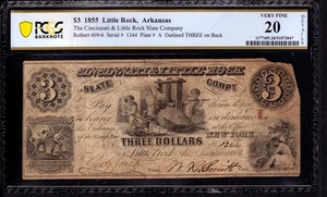 1855 $3 CINCINNATI & LITTLEROCK ARKANSAS OBSOLETE NOTE PCGS VF 20 NET - Picture 1 of 2