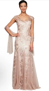 Alex Evenings Women's Long Fit and Flare Dress Godet Detail NEW 14 Rose Gold - Picture 1 of 6