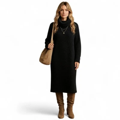 Banana Republic Fuzzy Black Cowl Neck Maxi Sweater Dress M | Cozy Fall Layering - Image 1 of 4