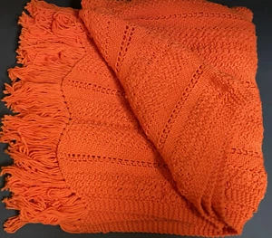 Afghan Knit Crochet Throw Blanket Orange Fringe Boho Chic Retro Solid 64 x 40 - Picture 1 of 11