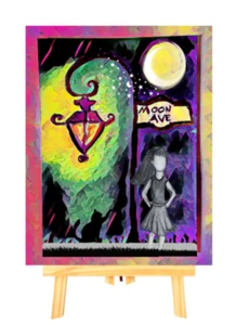 ACEO Original Kunstdruck Black & White Girl mit schwarzer Katze unter Straßenlaterne & Mond - Bild 1 von 5