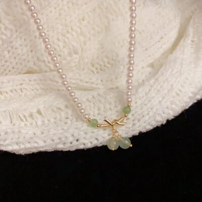 Juego de pulsera collar cuentas perlas cereza verde oro 14k Foto 1 de 4