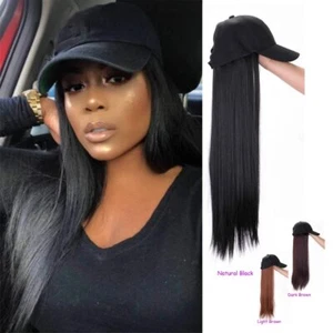 24" Long Straingt Synthetic Hair Hat for Women Adjustable Baseball Cap with Hair - Picture 1 of 4