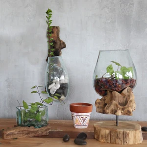 Molten Glass Vase Bowl on Balinese Teak Wood Handmade Centrepiece - Picture 1 of 24