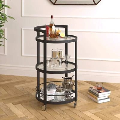 Blackened Bronze Steel Mirrored Bar Cart Black Glam Round Finish Shelf - Image 1 of 3