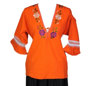 MEDIUM ORANGE MEXIKANISCHE BLUSE KIMONO BAUER 100% BAUMWOLLE BOHO HANDBESTICKT  - Bild 1 von 2