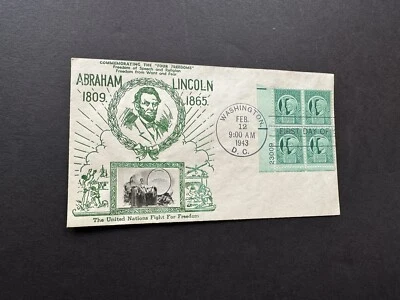 US 1943 FDC +Four Freedoms #908 +Crosby Mini-Photo Lincoln Cachet +Plate BLK4 - Image 1 of 2