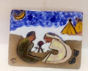 Antique Pottery Ottoman Polychrome Hand Carved Primitive Scene Small Plate 7*8"
