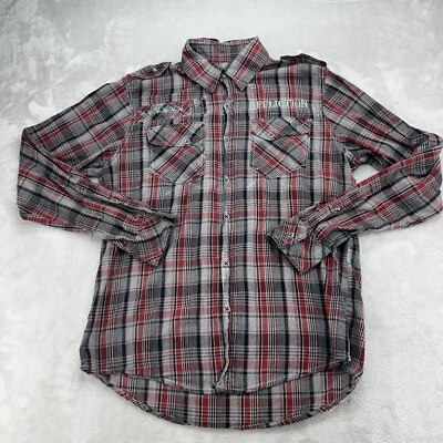 Affliction Shirt Mens Medium M Red Plaid Premium Military Style Pockets Epaulets - Image 1 of 4