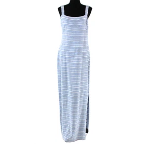 St. John Evening Knit Blue Iridescent Paillette Stripe Maxi Dress 12 Square Neck - Picture 1 of 7