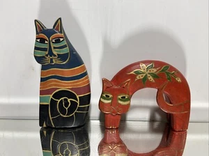 Pr. VTG. Wood Sculpture Carved Cat Figurine Laurel Burch Painted Folk Art - Picture 1 of 18