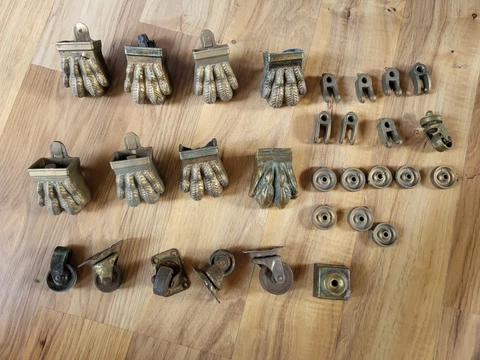 Lot Of Vintage Brass Claw Feet Casters and Wheel Parts Cover