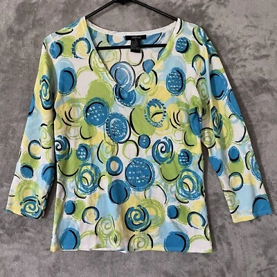 CDP & CO  V-neck Top Blue Green Yellow Womens Sz M Colorful Artsy - Image 1 of 4