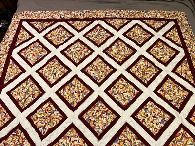 Handmade Burgundy Orange Multi Floral Quilt Throw Blanket 57" x 74" - Image 1 of 4