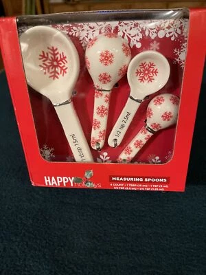 Christmas Measuring Spoon Set Red Snowflakes Happy Holidays 2017 NOS - Image 1 of 4