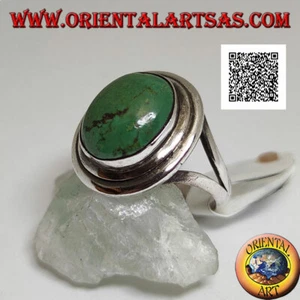 Bague en Argent 925‰ Turquoise Tibétain Ovale Avec Double Bord Lisse - Imagen 1 de 2