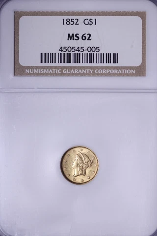 BU 1852 $1 Dollar Gold Liberty NGC MS62 Great Luster Nice Piece GHNI Cover