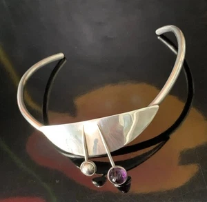 Rare 1960's Modernist REESLEV Denmark Amethyst Sterling Silver Choker Necklace - Picture 1 of 14