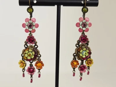 Designer Orly Zeelon? Multi Color Brass Crystal Flower Dangle Earrings - 2 1/2" - Image 1 of 4