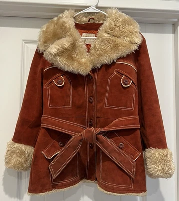 Vintage MOD-MAID Sz 16 Faux Suede & Faux Fur Trim Belted Jacket Coat 70’s *READ* - Image 1 of 4