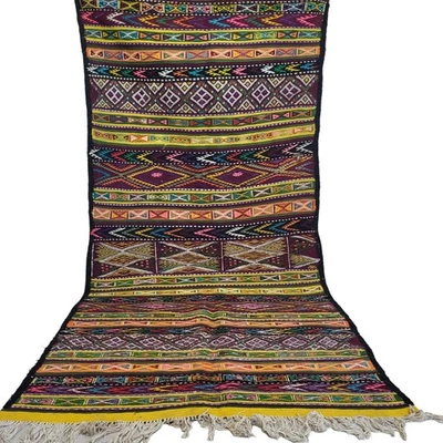 Vintage Geometric Handmade Moroccan Rug 8'7" x 3'11" Berber Wool Fringe Carpet - Image 1 of 4