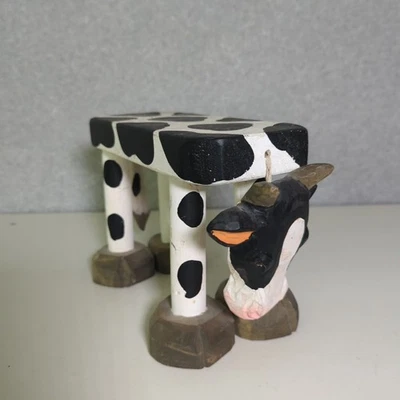 Folk Art Cow Hand Painted Small Plant Stand Stool Bench 12"x7”x4" Handmade Art - Image 1 of 4