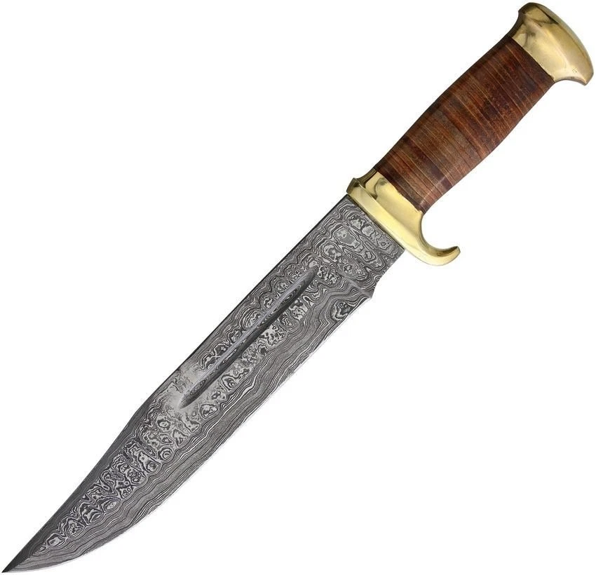Marbles Mr586 Damascus Bowie Stacked Leather Fixed Blade Knife