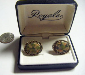 Manschettenknöpfe moosiger Achat goldfarben Metall Manschettenknöpfe Neu im Karton - Bild 1 von 3