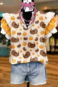 Thanksgiving Turkey Pumpkin Print Flying Sleeve Top Women Blouses - Picture 1 of 13